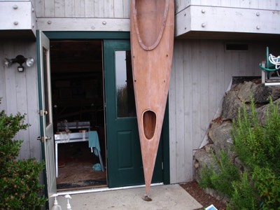  The boat stands on end for the epoxy endpour. 