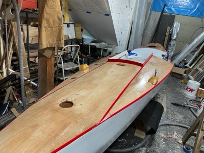  First varnish coat on main hull.  