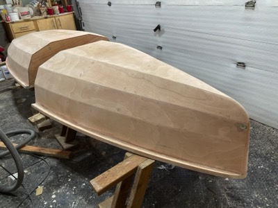  The entire hull is sanded and ready for fiberglass. 