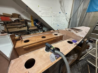  5/5/25 - The decks and part of the cockpit are sanded. 