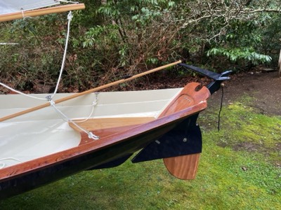  CLC Northeaster Dory view of kick up rudder. 