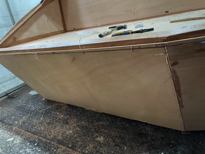  Trailer body transom is wired and epoxied in place. 